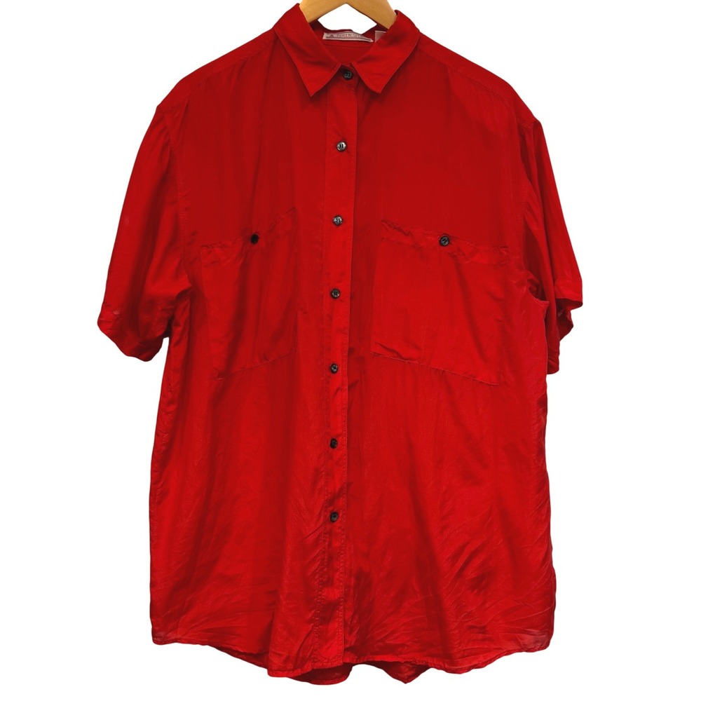 Andrew Sport Red 100% Silk Short Sleeve Button Down Shirt Mens Medium Pockets